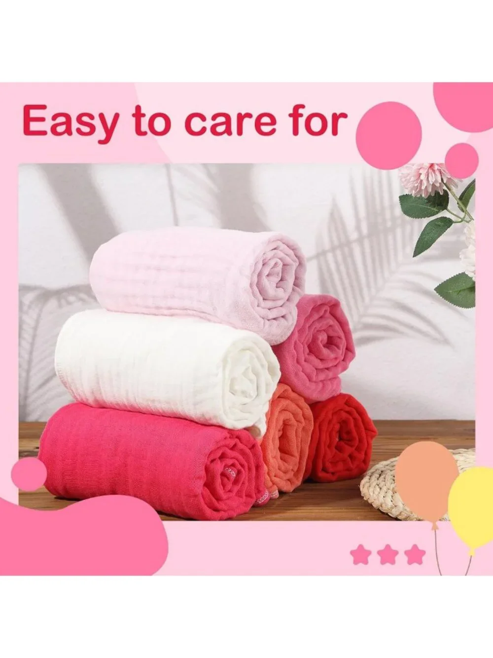 Soft Cotton Muslin Hooded Baby Towels - 6 Pack, Pink, Perfect for Bath Time